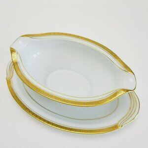 Noritake Richmond Gravy Boat & Plate White Base Gold Etched Band Elegant Dining